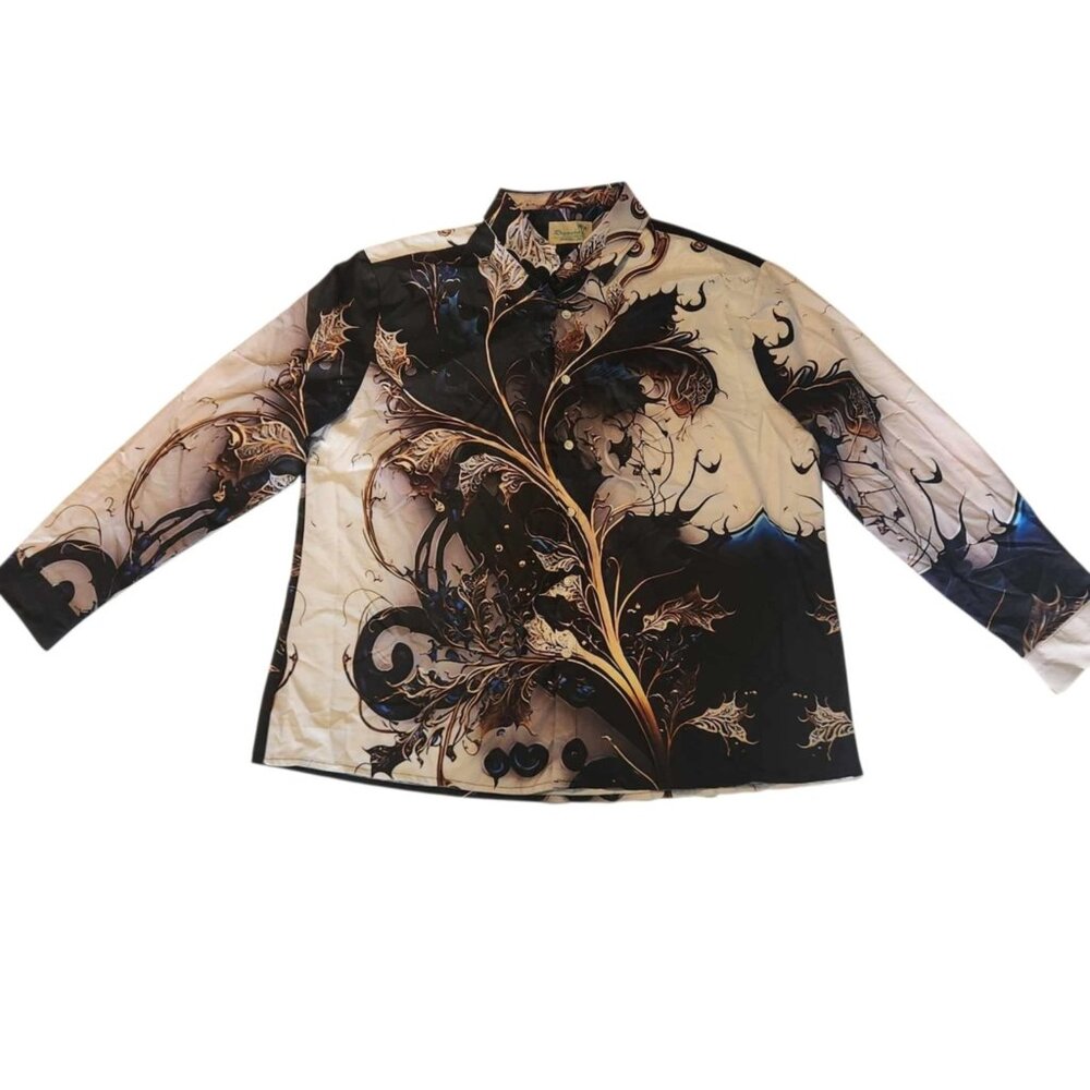 Royaura Hawaiian Shirt Art Metallic Floral Tropical Unique Long Sleeve XXL 2XL‎